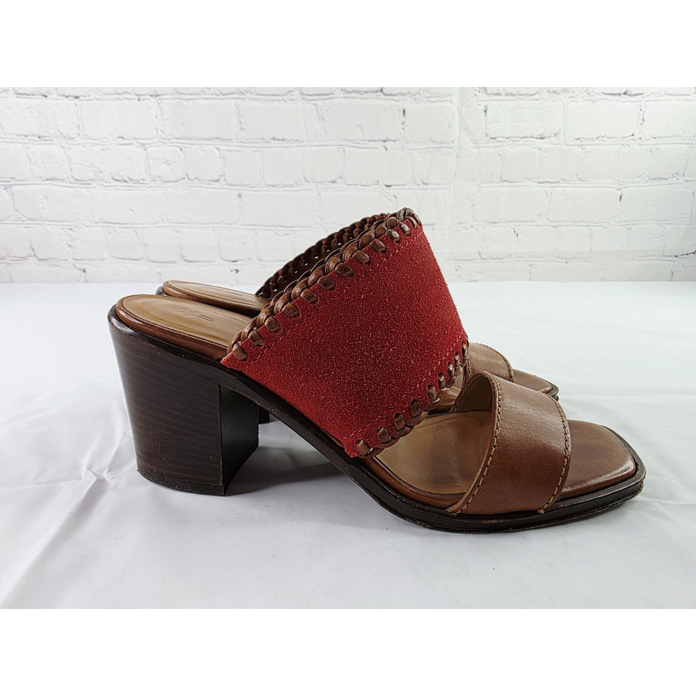 Frye Ashley Mule Sandals Heels Red Seude Tan Leather Women's Size 7